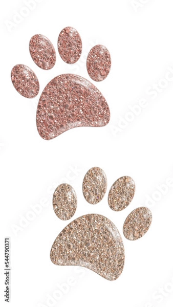 Obraz Rose gold metallic glitter textured animal paw prints  with sparkling particles for embellishment. Isolated stationary element for a wide range of projects or for social media stories.