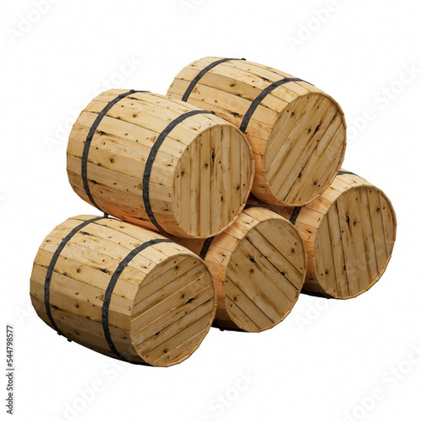 Fototapeta 3D RENDERING OF WOODEN BARRELS ISOLATED ON WHITE PLAIN BACKGROUND