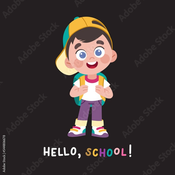 Fototapeta Cute little school boy with backpack. Vector cartoon character with 1 September and school theme. Smiling kid with a cap in street style.
