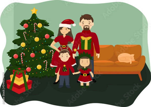 Fototapeta Parents with daughter and son at home in front of the christmas tree with presents