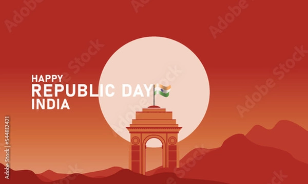 Fototapeta vector for Republic Day celebration, with illustration of mountain scenery and twilight sky clearly visible full moon, wavy Indian flag