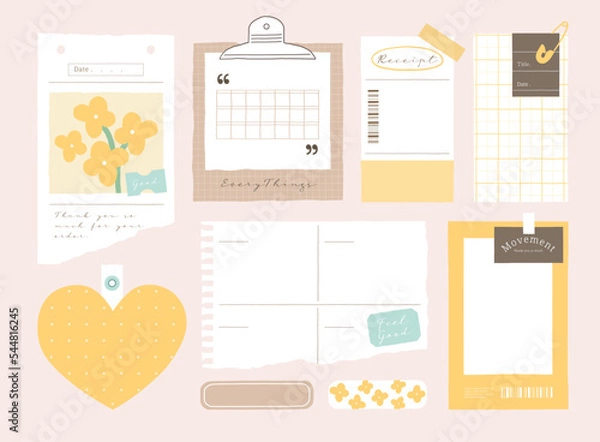 Obraz memo template. A collection of striped notes, blank notebooks, and torn notes used in a diary or office.