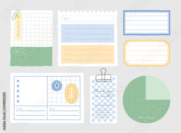 Fototapeta memo template. A collection of striped notes, blank notebooks, and torn notes used in a diary or office.