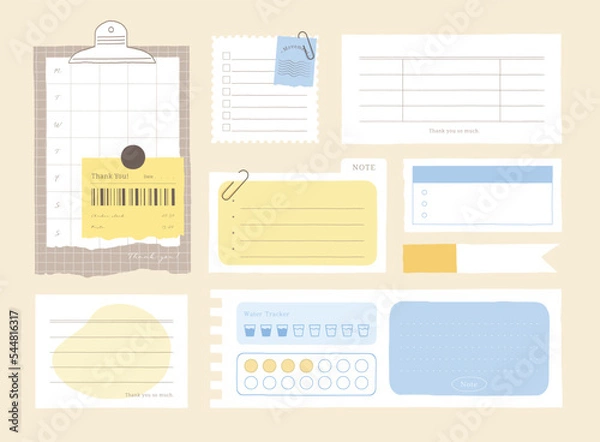 Fototapeta memo template. A collection of striped notes, blank notebooks, and torn notes used in a diary or office.