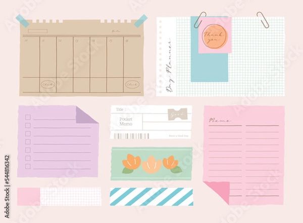 Obraz memo template. A collection of striped notes, blank notebooks, and torn notes used in a diary or office.