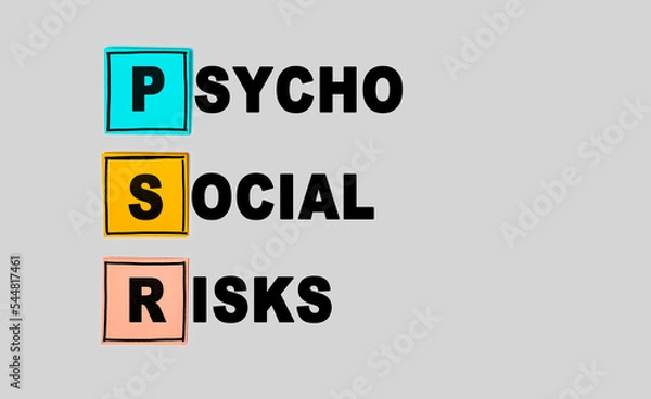 Fototapeta PSR - PsychoSocial Risks abbreviation on gray background. Business concept. Multi colored square sticky notes on gray background, top view