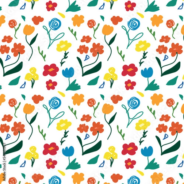 Fototapeta Hand drawn naive abstract floral print. Cute collage pattern. Fashionable template for design.