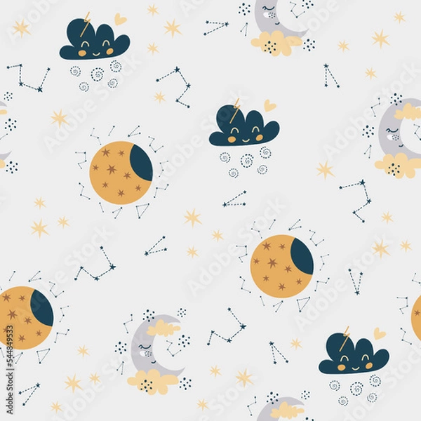 Obraz Seamless pattern of moon, clouds, constellations digital paper, for surface design, clothing