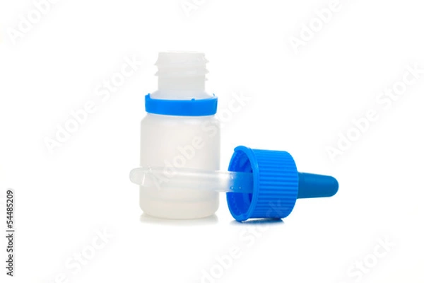 Fototapeta Opened white plastic bottle with a blue cap-dropper