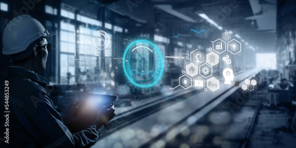 Fototapeta smart industry 4.0 futuristic technology concept, engineer use artificial intelligence combine  augmented mixed virtual reality display, digital twin with 5g to control robot arm in smart factory