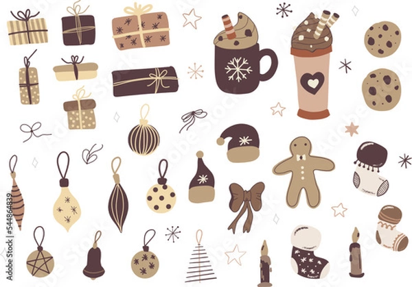 Obraz Set of Christmas and New Year elements. Hand drawn illustration. Cute cars, sweets, trees, houses, and other elements. Best for New Year or Christmas design