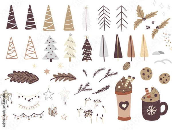 Obraz Set of Christmas and New Year elements. Hand drawn illustration. Cute cars, sweets, trees, houses, and other elements. Best for New Year or Christmas design