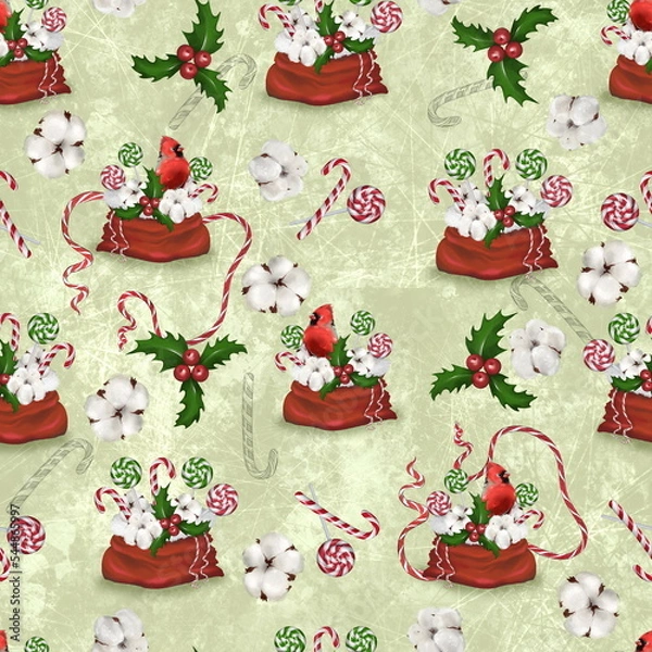 Fototapeta Seamless Christmas pattern with lollipops and red cardinal bird on a light background.