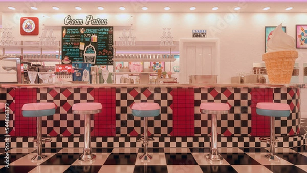 Fototapeta Vintage American ice cream parlour with black and white checked floor and pink stools at the bar. 3D rendering.