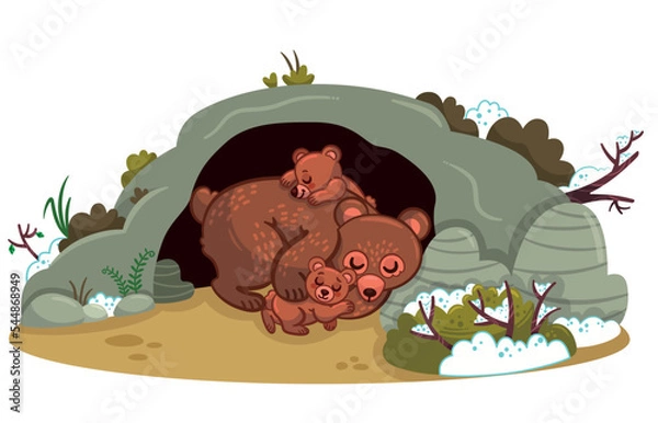 Obraz Vector illustration of bear family hibernating in their cave.