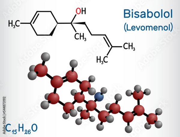 Fototapeta Bisabolol, alpha-Bisabolol, levomenol molecule. It is natural monocyclic sesquiterpene alcohol, used in various fragrances. Structural chemical formula, molecule model.