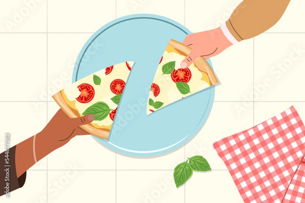 Fototapeta Triangle pizza pieces in hands. Two slices of Margarita pizza on a blue plate and a red checkered napkin. Italian Cooking. Stove .Taking traditional Italian fast food snack. Flat vector illustration