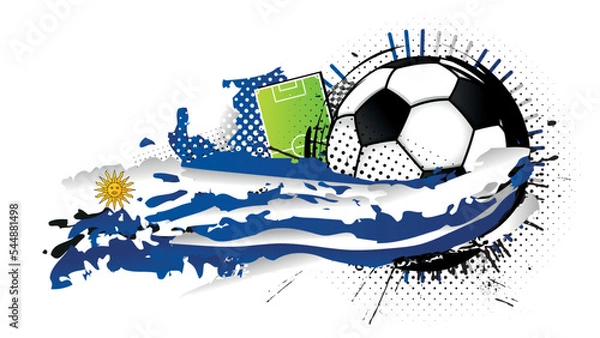 Obraz Black and white soccer ball surrounded by blue and white spots forming the flag of Uruguay with a soccer field in the background. Vector image