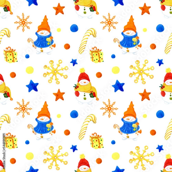 Obraz Seamless pattern. Christmas snowmen, snowflakes, candies, gifts, confetti on a white background. Watercolor illustrations. For holiday packaging, fabric and other design.