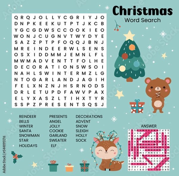 Fototapeta Christmas word search puzzle with answer. Game for learning English. Printable worksheet for children about winter holidays. Educational crossword game. Funny cartoon animals. Vector illustration.