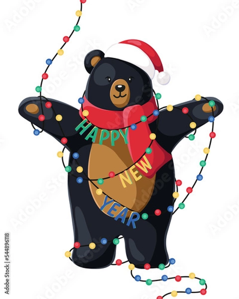 Fototapeta Happy New Year and Merry Christmas. Christmas bear with New Year. Illustration withchristmas lights. Christmas card. Vector.