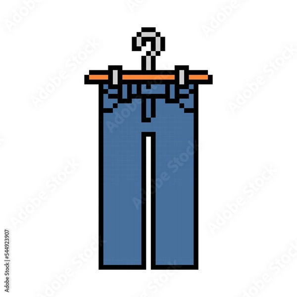 Fototapeta Pixel art symbol of jeans or blue denim pants on a hanger isolated on white background. Fashion clothes icon. Old school retro vintage 90s, 80s 8 bit slot machine, 2d video game graphics.