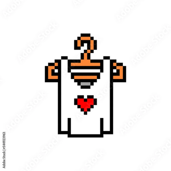 Fototapeta Pixel art white sleeveless shirt with a heart symbol on a hanger isolated on white background. Women's fashion. Female clothes icon. Retro vintage 90s, 80s 8 bit slot machine, 2d video game graphics.