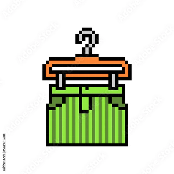 Fototapeta Pixel art symbol of a short green striped velvet skirt on a hanger isolated on white background. Women's fashion clothes icon. Old school vintage 90s, 80s 8 bit slot machine, 2d video game graphics.