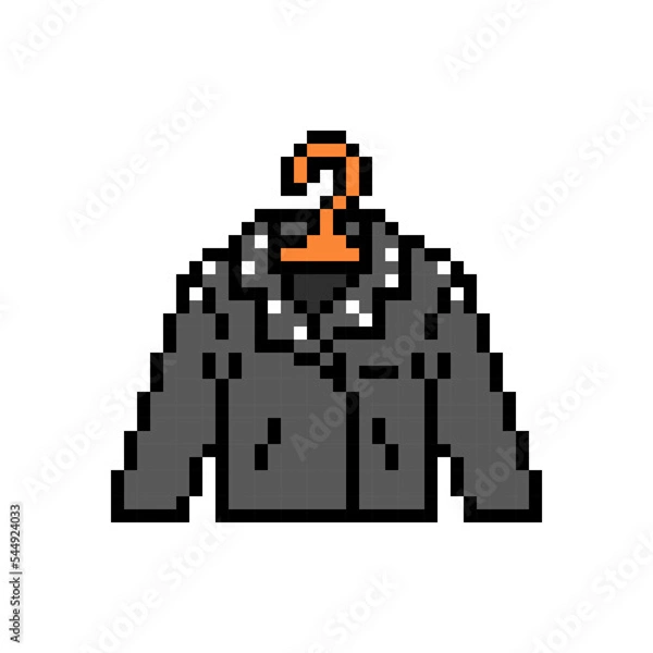 Fototapeta Pixel art black leather punk rock jacket with spikes on a hanger isolated on white background. Clothes icon. Old school retro vintage 90s, 80s 8 bit slot machine, 2d video game graphics.