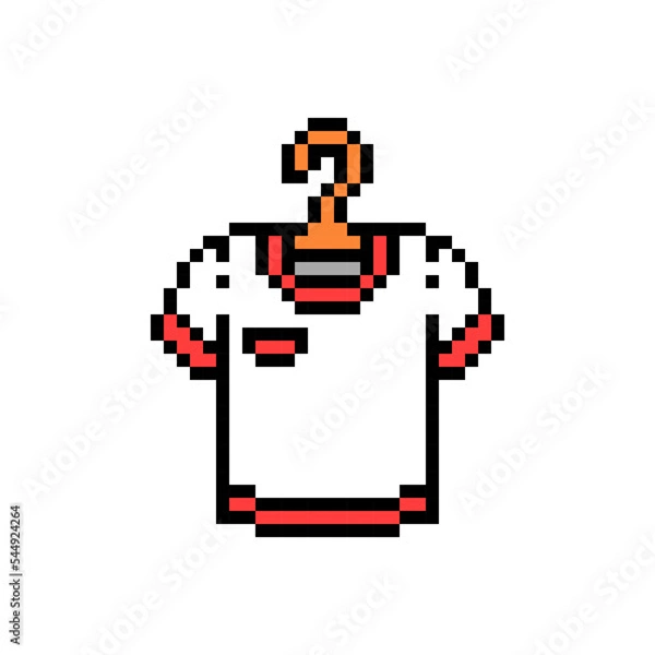 Fototapeta Pixel art symbol of a white and red short sleeve crewneck shirt on a hanger isolated on white background. Sport clothes icon. Old school retro vintage 90s, 80s 8 bit slot machine, video game graphics.