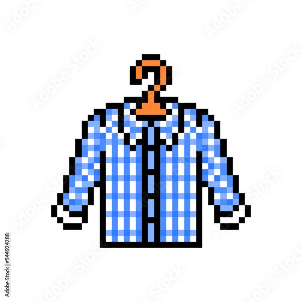 Fototapeta Pixel art symbol of a blue tartan flannel shirt on a hanger isolated on white background. Clothes icon. Old school retro vintage 90s, 80s 8 bit slot machine, 2d video game graphics.