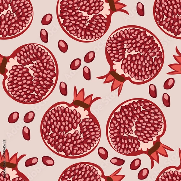 Fototapeta Pattern cut pomegranate and its grains. Textile or vinyl print. Vector image.