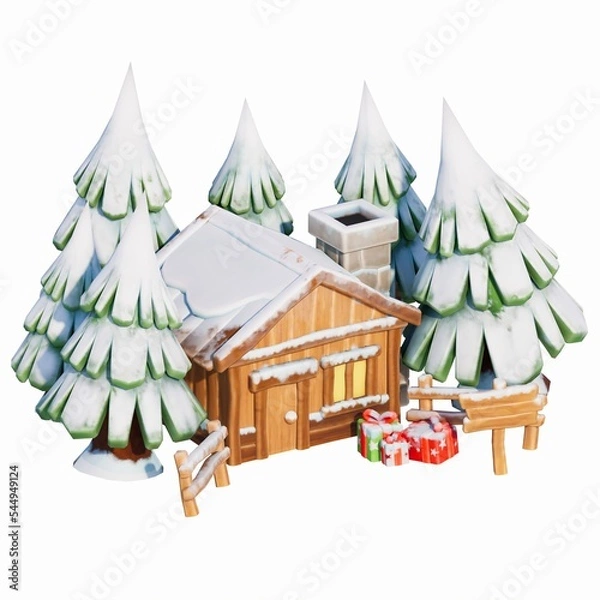 Obraz 3D RENDERING OF CHRISTMAS HOUSE AND TREE TOY IN SNOW ISOLATED ON WHITE PLAIN BACKGROUND