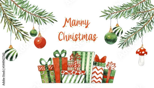 Fototapeta Watercolor Christmas card with Fir branches, christmas balls, presents and place for text. Vector illustration for greeting card and invitation. Winter holidays poster.