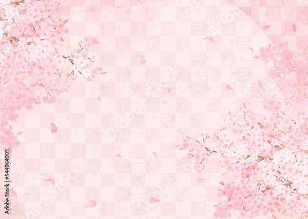 Fototapeta 美しい桜ーピンク色ー市松模様ー和紙の壁紙ー豪華絢爛背景素材フレーム