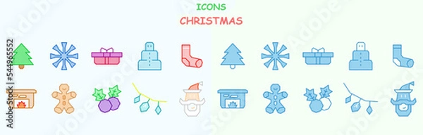 Obraz set of contour colored and blue christmas icons. perfect christmas browser icons. two styles of christmas icons.