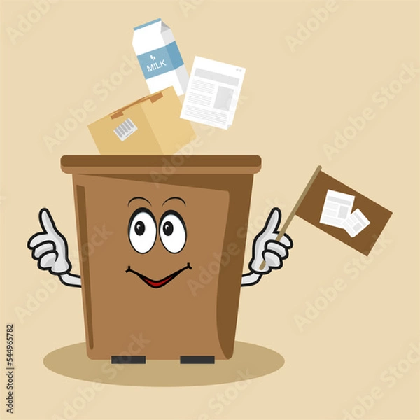 Fototapeta garbage separation, paper waste, waste paper falls into the trash, trash can with eyes and hands, recyclables, garbage sorting, eco-friendly waste recycling, environmental protection, segregation