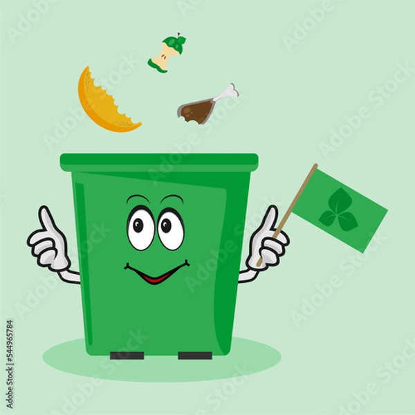 Fototapeta garbage separation, organic waste, fruit cores fall into the trash, trash can with eyes and hands, recyclables, garbage sorting, eco-friendly recycling, environmental protection, segregation, tank