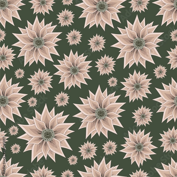 Fototapeta seamless pattern flowers on a green background, floral ornament, print for fabric and wallpaper, pattern for stationery, flat design plant elements, botanical background