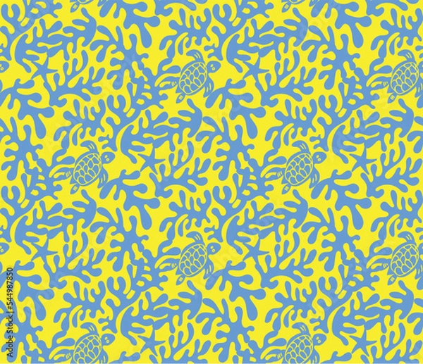 Fototapeta Abstract Hand Drawn Corals Sea Turtles Exotic Minimal Ocean Swimwear Seamless Pattern Perfect for Allover Fabric Print Monochrome Stylish Elegant Design