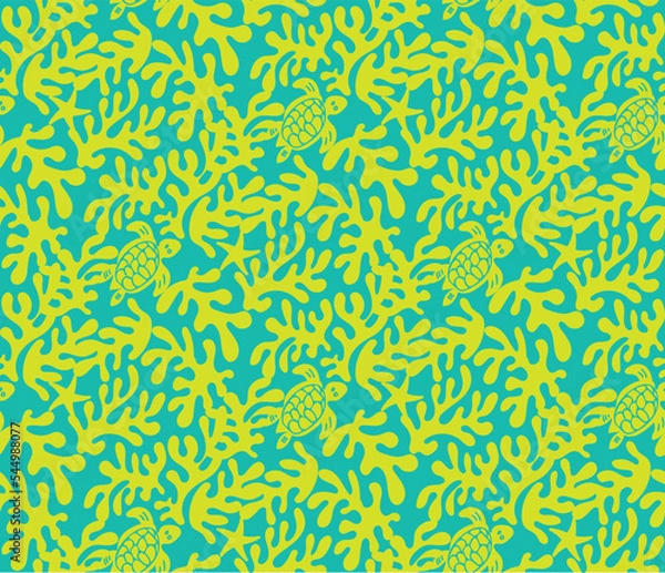 Fototapeta Abstract Hand Drawn Corals Sea Turtles Exotic Minimal Ocean Swimwear Seamless Pattern Perfect for Allover Fabric Print Monochrome Stylish Elegant Design
