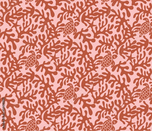 Fototapeta Abstract Hand Drawn Corals Sea Turtles Exotic Minimal Ocean Swimwear Seamless Pattern Perfect for Allover Fabric Print Monochrome Stylish Elegant Design