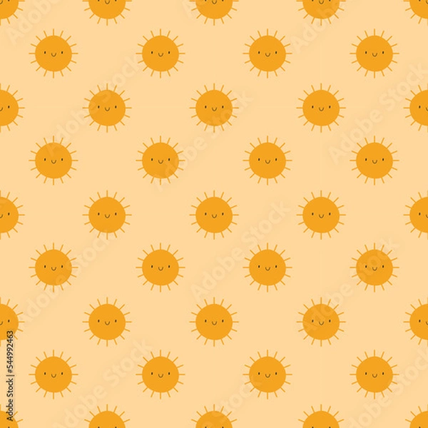Fototapeta Seamless vector pattern of bright smiling sun on yellow background. Doodle style, vintage. For example the pattern for baby clothes or wrapping paper.