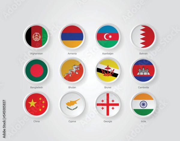 Fototapeta 3D embossed and circular design flag icons for Asian countries. Vector illustration.