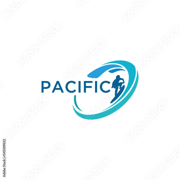 Fototapeta Surfing logo with silhouette of man, board and sea wave water swirl in round shape.