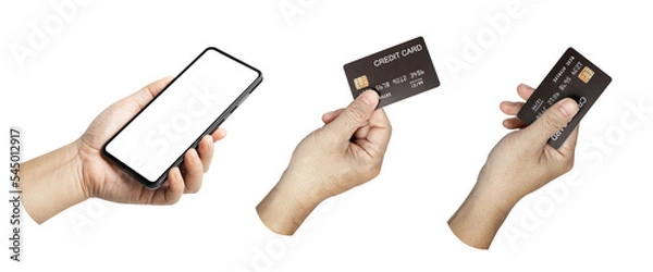 Fototapeta A set, group of male hand hold a credit card and cell phone blank screen isolated on transparent background..