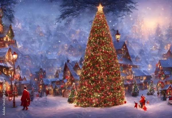 Obraz This is a picture of a Christmas tree village. The village is made up of many different types of trees, all decorated for the holidays. There are houses and shops in between the trees, and each one ha
