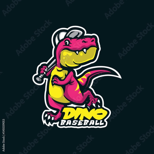 Obraz Dino mascot logo design with modern illustration concept style for badge, emblem and t shirt printing. Smart dino baseball illustration with stick in hand.