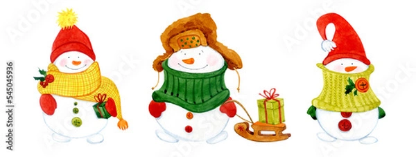 Obraz Christmas snowmen. Watercolor clip art. Funny snowmen in red hats, knitted scarves, a sled with a gift. For stickers, postcards, posters, etc.