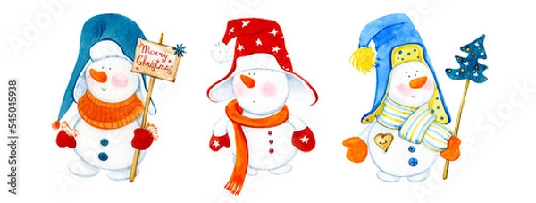 Obraz Christmas snowmen. Watercolor clip art. Cute snowmen in red and blue hats, knitted scarves, with a Christmas tree and congratulations. For stickers, postcards, posters, etc.